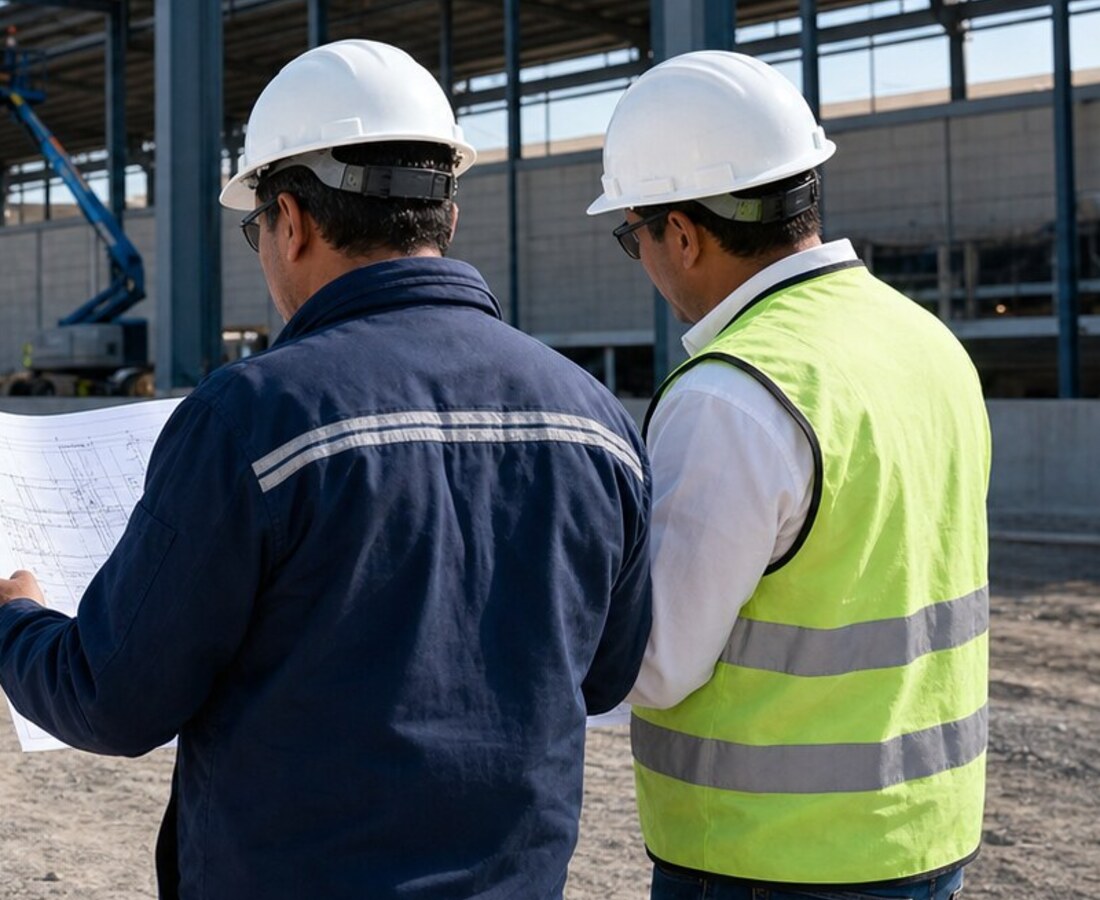 Personal de obra revisando planos
